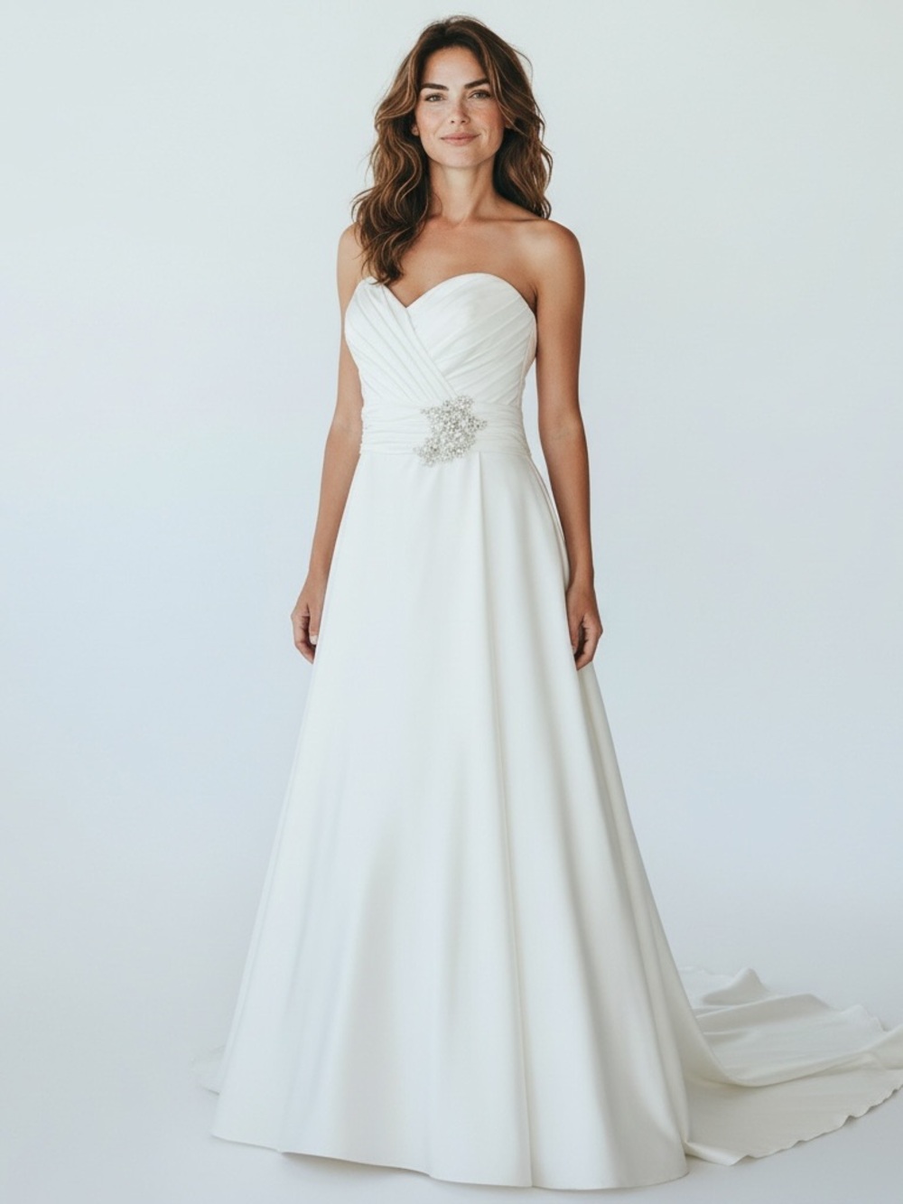 Strapless Ivory Satin Wedding Gown with Ruched Bodice